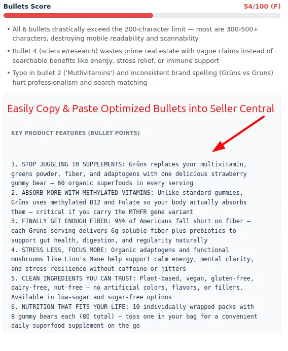 PerfectASIN optimized bullet points — benefit-first, under 200 characters