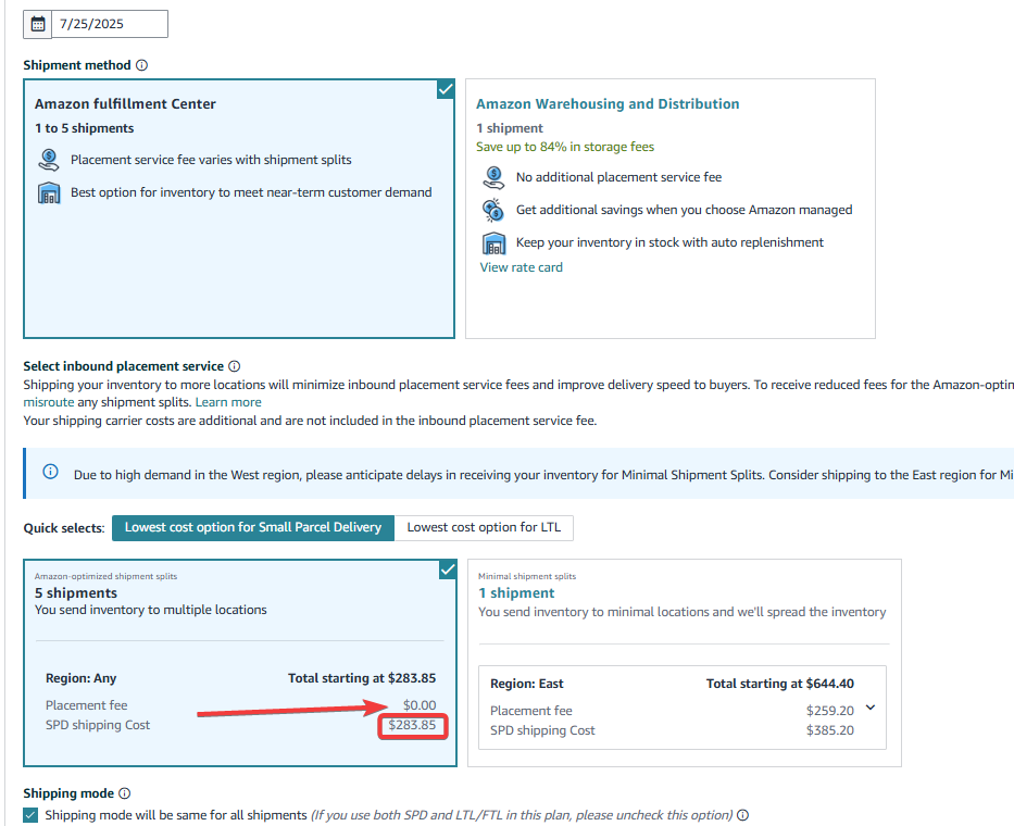 Small Parcel Delivery of 5 shipments of 1,440 units — 12 cases to 5 locations